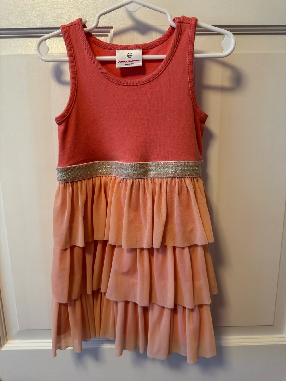 Hanna Andersson Coral and Peach Tiered Ruffle Dress with Gold Trim